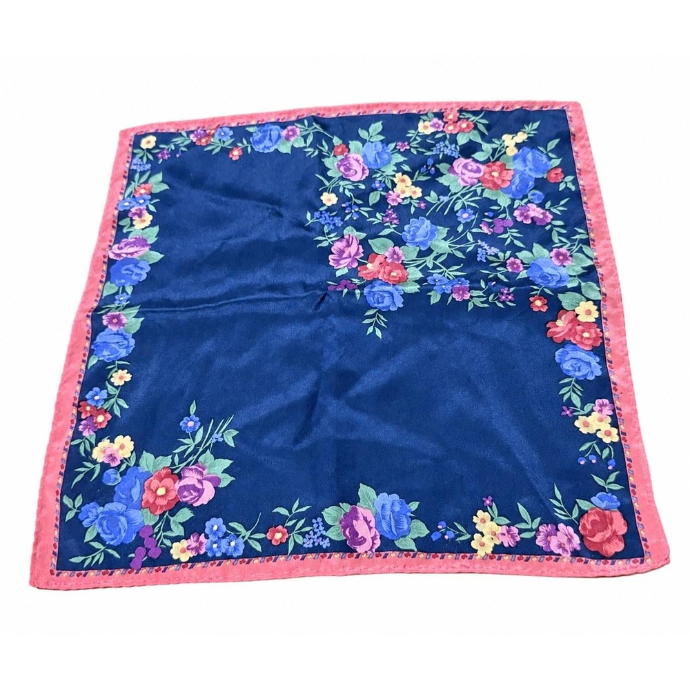 Vintage 1970s Navy Blue Floral Silk Pocket Square Handkerchief Pink Border 11"